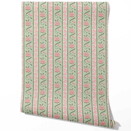 Floral Botanical Striped Traditional Wallpaper (Green/ Pink)
