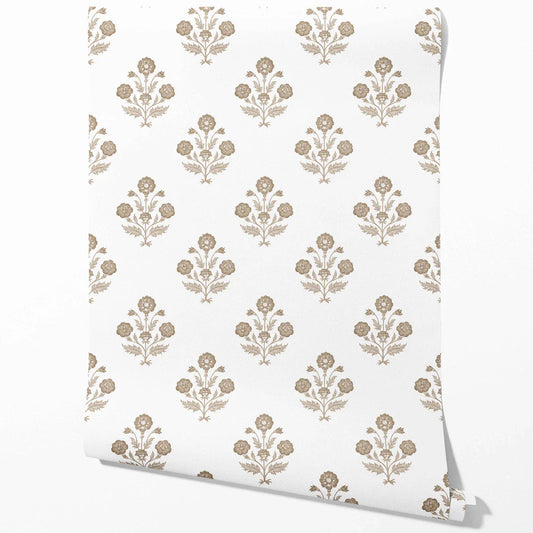 Neutral Floral Block Print Traditional Wallpaper (Brown/ White)
