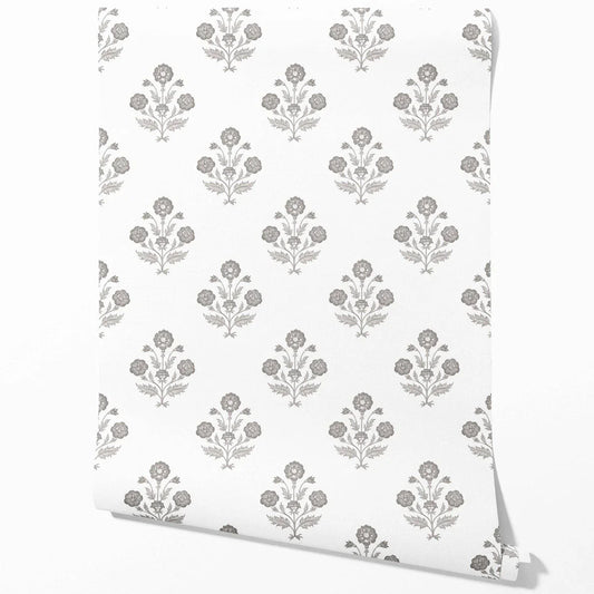 Neutral Floral Block Print Traditional Wallpaper (Stormy Gray/ Taupe/ White)