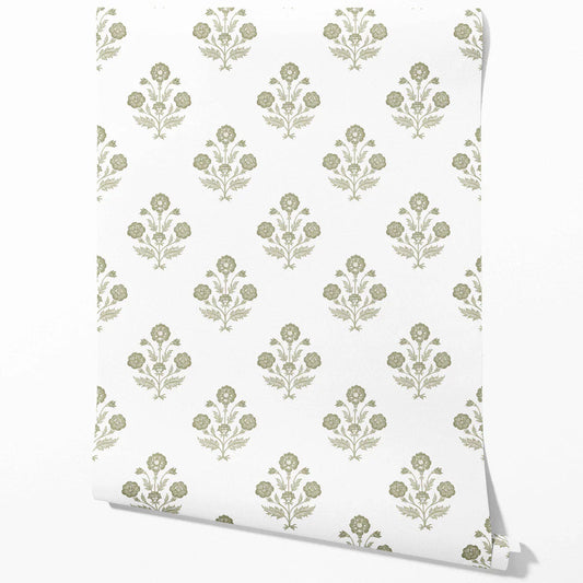 Floral Block Print Traditional Wallpaper (Olive Green/ White)