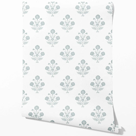 Floral Block Print Traditional Wallpaper (Duck Egg Blue/ White)