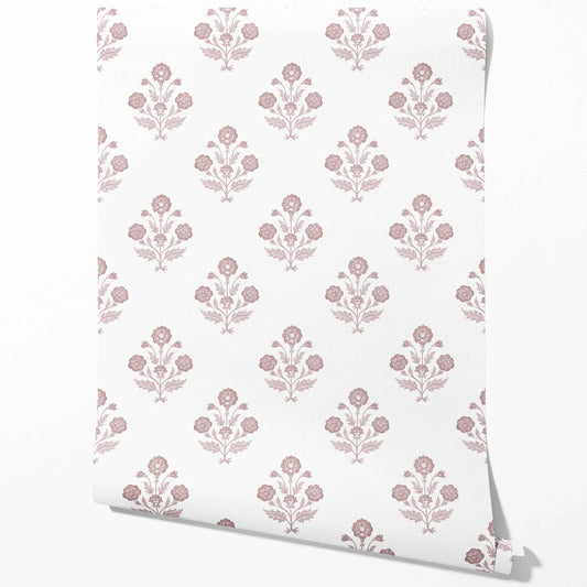 Floral Block Print Traditional Wallpaper (Light Rose Pink/ White)