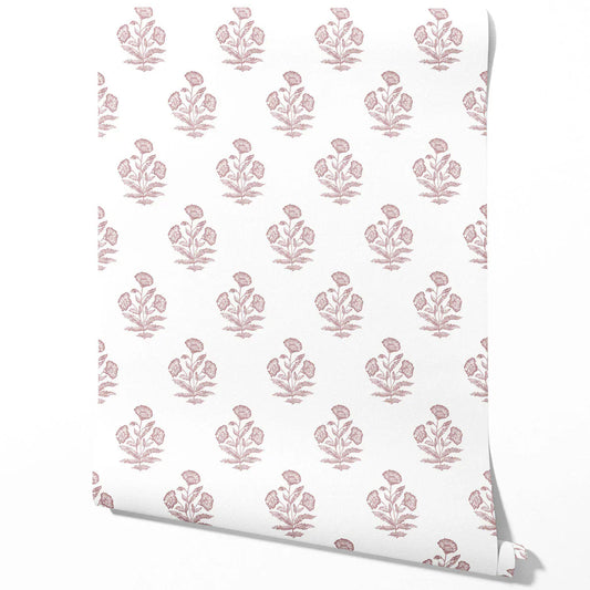Floral Block Print Traditional Wallpaper (Light Pink/ White)