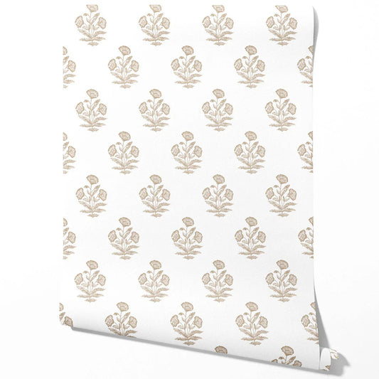 Neutral Floral Block Print Traditional Wallpaper (Beige/ Taupe/ White)