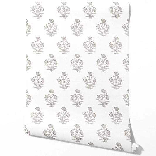Neutral Floral Block Print Traditional Wallpaper (Gray/ White)
