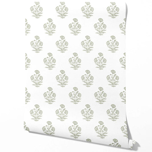 Floral Block Print Traditional Wallpaper (Green/ White)