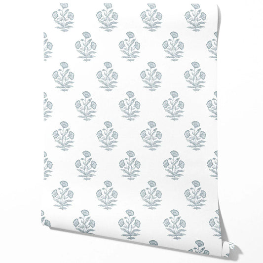 Floral Block Print Traditional Wallpaper (Sage Blue/ White)
