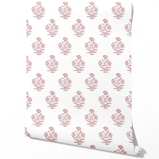 Floral Block Print Traditional Wallpaper (Soft Pink/ White)