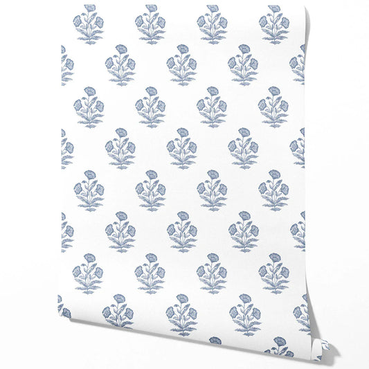 Floral Block Print Traditional Wallpaper (Slate Blue/ White)