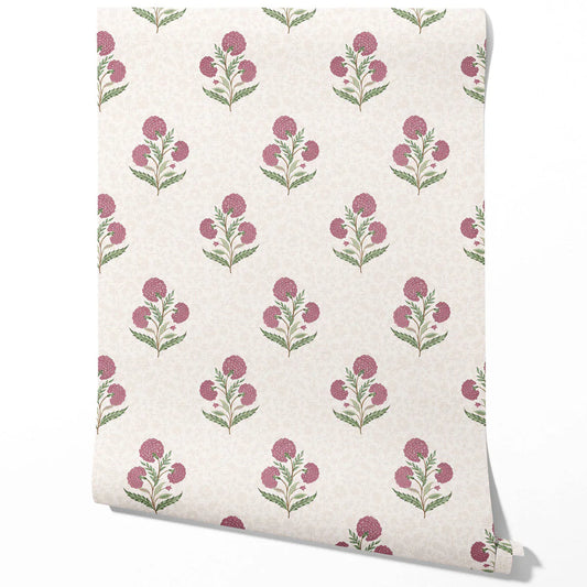 Floral Block Print Traditional Wallpaper (Pink/ Green/ Soft Taupe)