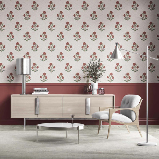 Floral Block Print Traditional Wallpaper (Red/ Green/ Soft Taupe)