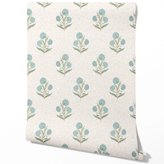 Floral Block Print Traditional Wallpaper (Duck Egg Blue/ Green/ Soft Taupe)