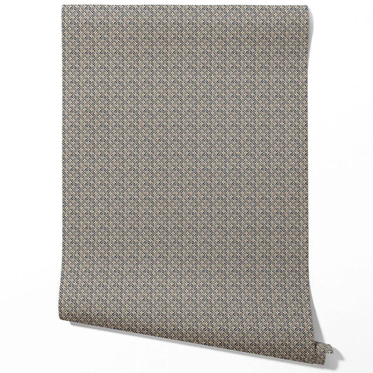 Small Floral Lattice/ Geometric Micro-Print Traditional Wallpaper (Navy Blue/ Beige)
