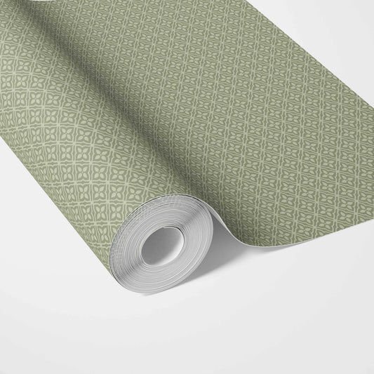 Small Floral Lattice/ Geometric Textured Traditional Wallpaper (Green)