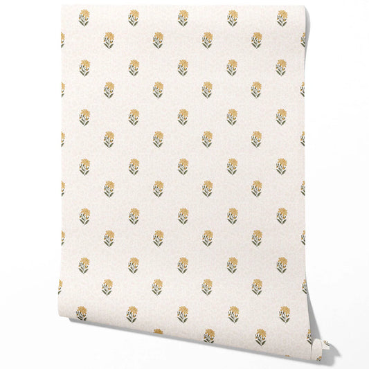 Botanical/ Floral Block Print Traditional Wallpaper (Yellow/ Green/ Taupe)
