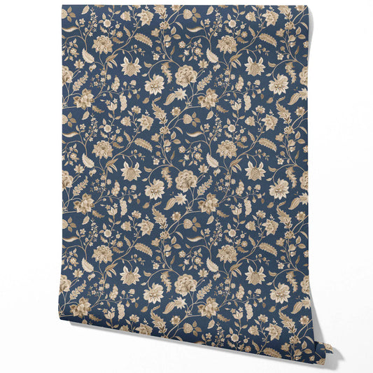 Floral/ Botanical Patterned Traditional Wallpaper (Navy Blue/ Beige)