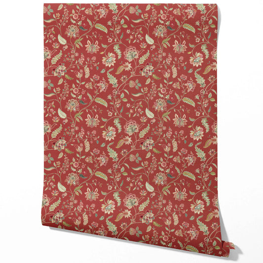 Floral/ Botanical Patterned Traditional Wallpaper (Deep Red/ Green)