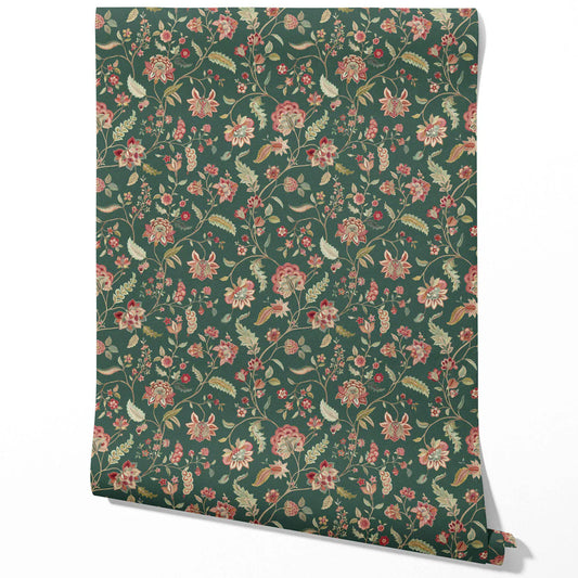 Floral/ Botanical Patterned Traditional Wallpaper (Green/ Red/ Pink)