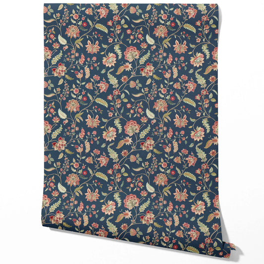 Floral/ Botanical Patterned Traditional Wallpaper (Navy Blue/ Red/ Pink/ Green)
