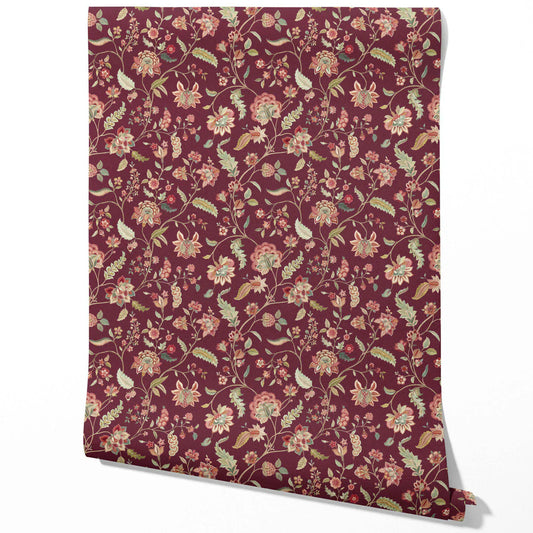 Floral/ Botanical Patterned Traditional Wallpaper (Deep Maroon/ Burgundy/ Pink/ Green)