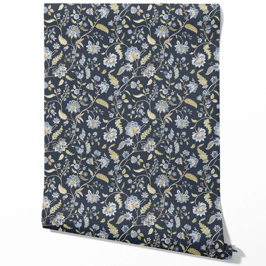Floral/ Botanical Patterned Traditional Wallpaper (Midnight Blue/ Pale Blue/ Green)