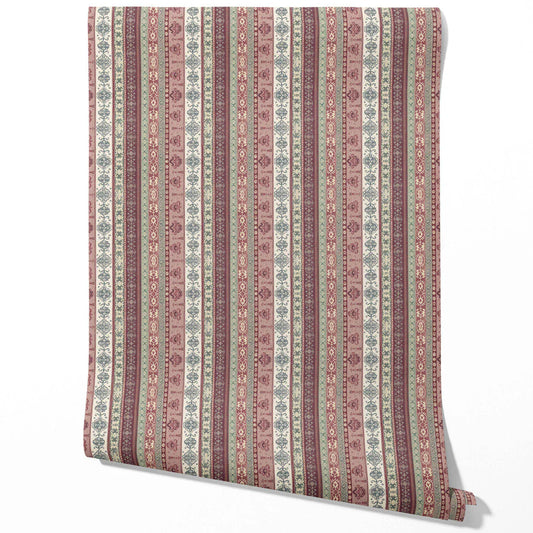 Vintage Bohemian Striped Traditional Wallpaper (Purple/ Pink/ Mauve/ Sage Green)