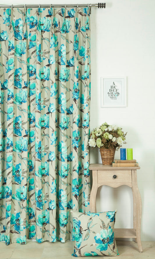 Floral Cotton Roman Shades (Blue/ Beige)