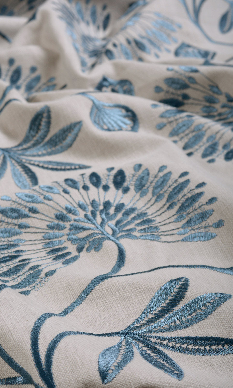 Vine Embroidered Fabric By the Yard for Curtains & Drapes (Pale Beige/ Ocean Blue)