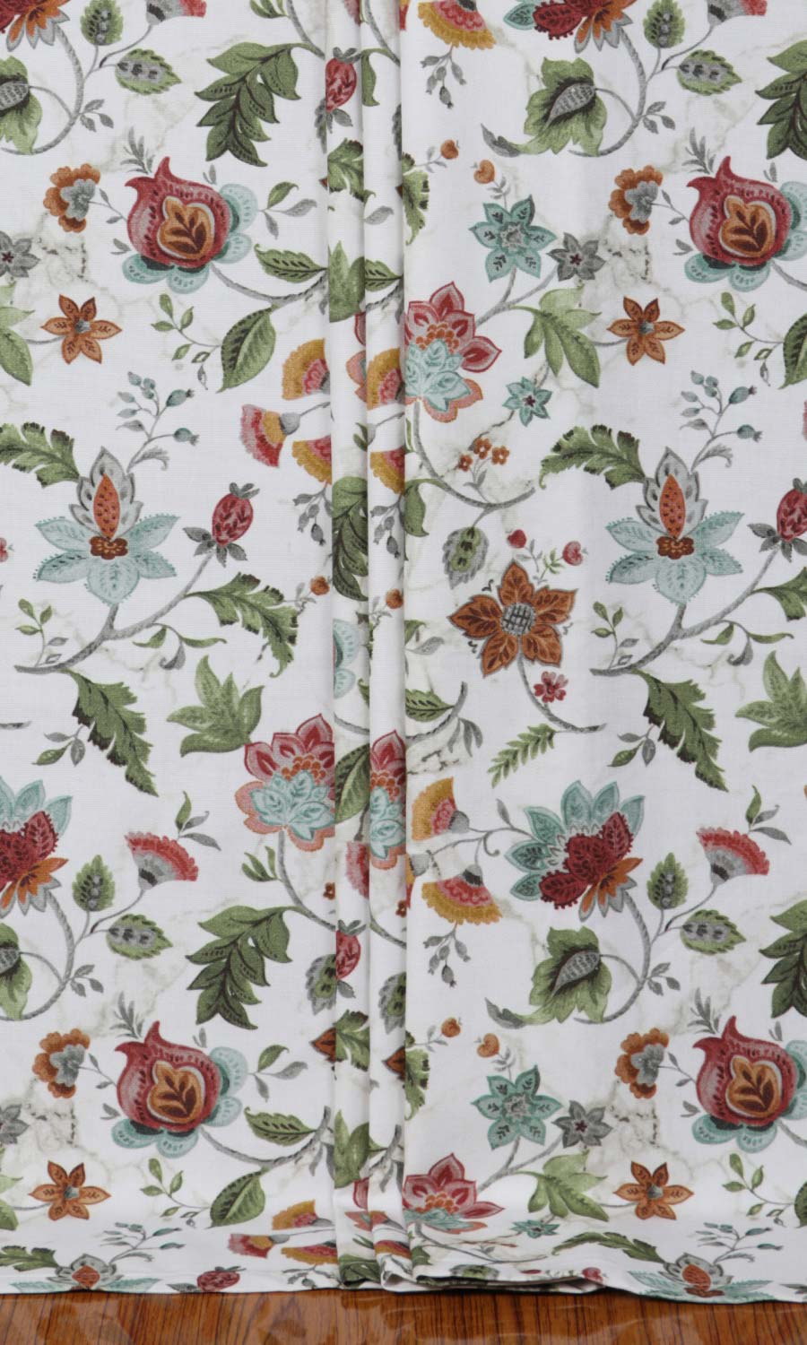 Floral Cotton Window Treatments Fabric Sample (White/ Green/ Red)