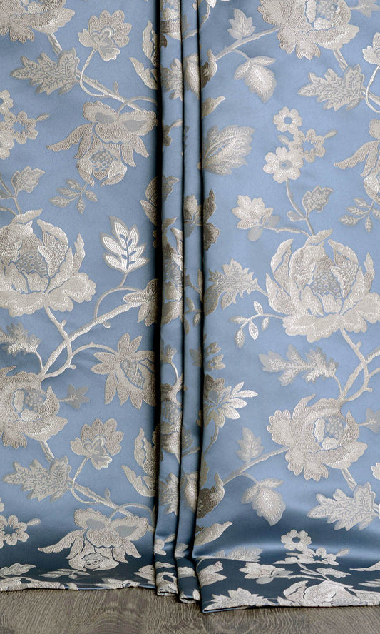 Floral Faux Silk Home Décor Fabric By the Yard (Indigo Blue/ Greige)