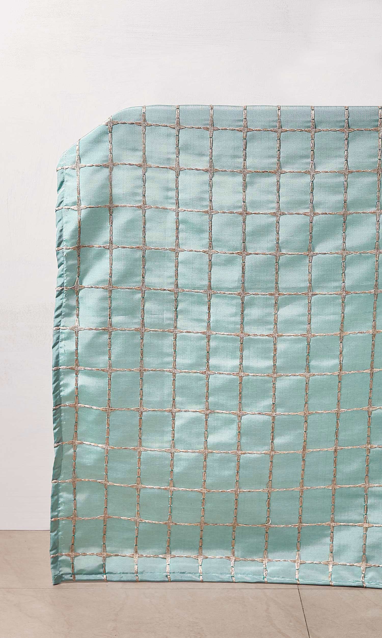 Embroidered Check Window Treatments Fabric By the Metre (Blue and Gold)