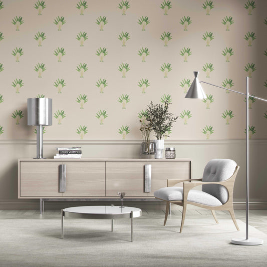 Botanical/ Floral Block Print Traditional Wallpaper (Beige/ Greige/ Green)