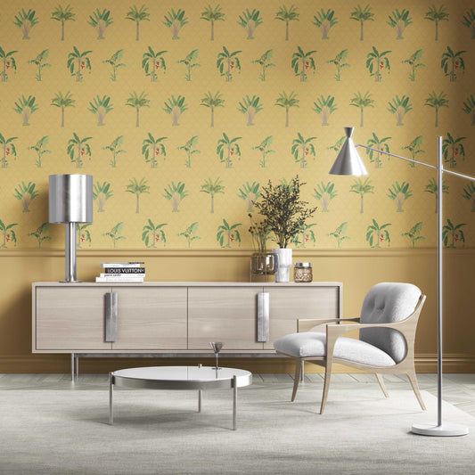 Botanical/ Floral Block Print Traditional Wallpaper (Yellow/ Green/ Red)