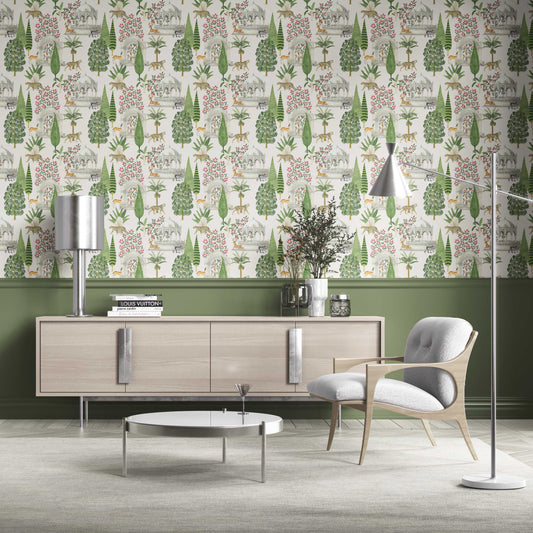 Vintage Heritage/ Ethnic Chinoiserie Traditional Wallpaper (White/ Green/ Pink/ Tan)