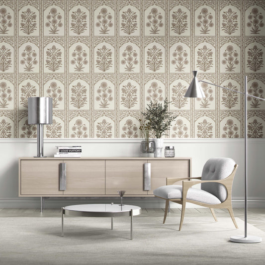 Neutral Vintage Ethnic Floral Block Print Traditional Wallpaper (Beige/ Taupe/ Cream)