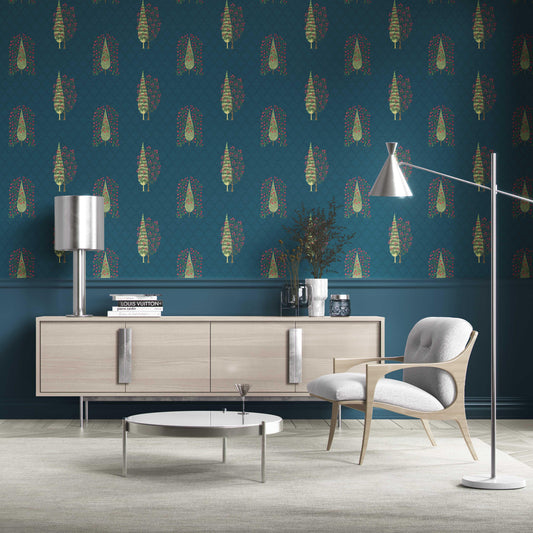 Botanical/ Floral Print Traditional Wallpaper (Teal Blue/ Pink/ Green)