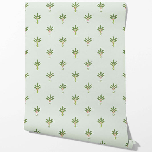 Vintage-Inspired Floral Block Print Traditional Wallpaper (Mint Green/ Pink)