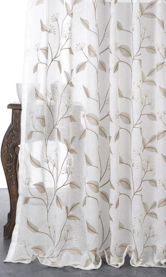 Floral Sheer Home Décor Fabric By the Yard (White/ Brown)
