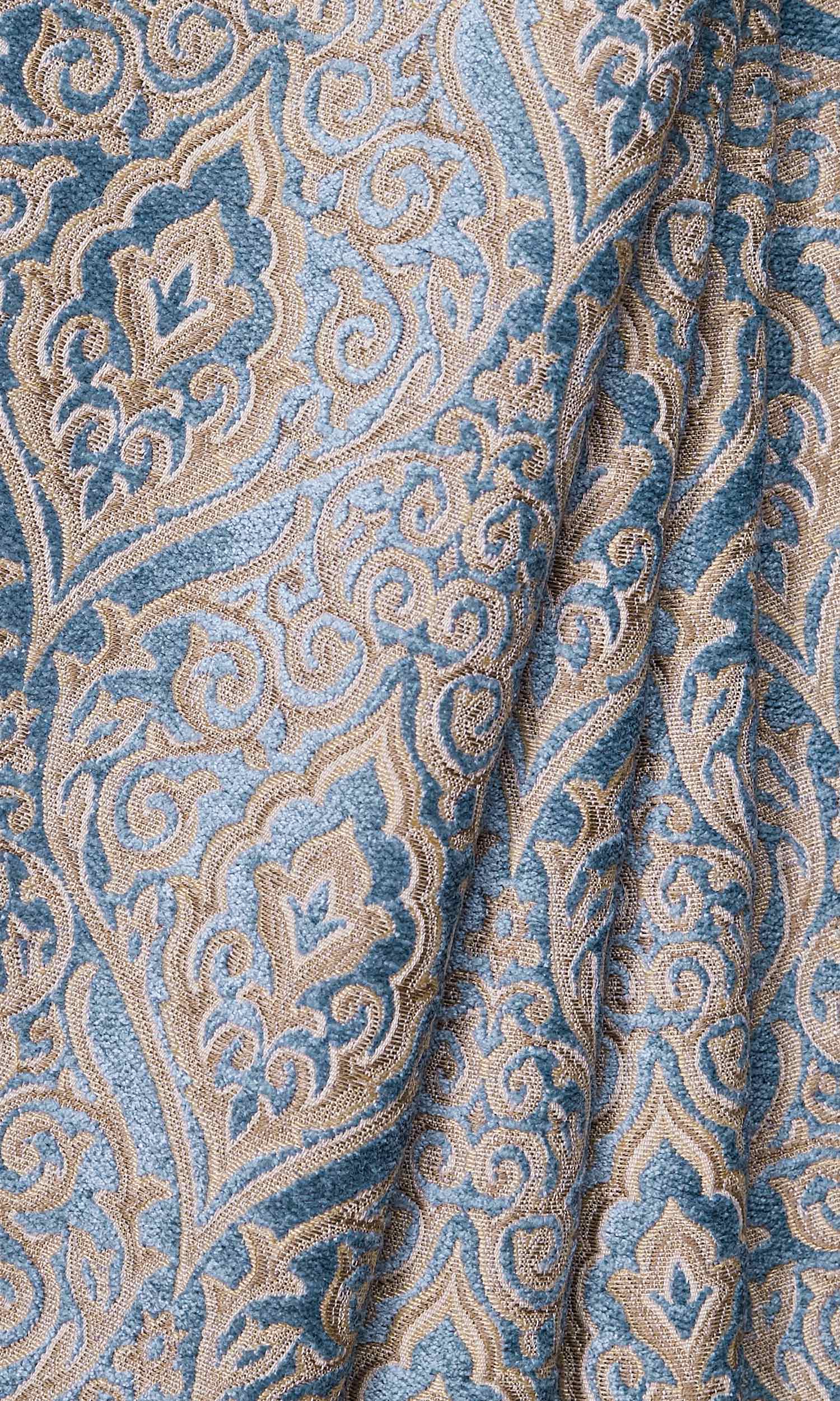 Damask Velvet Window Treatments Fabric By the Yard (Beige/ Blue)
