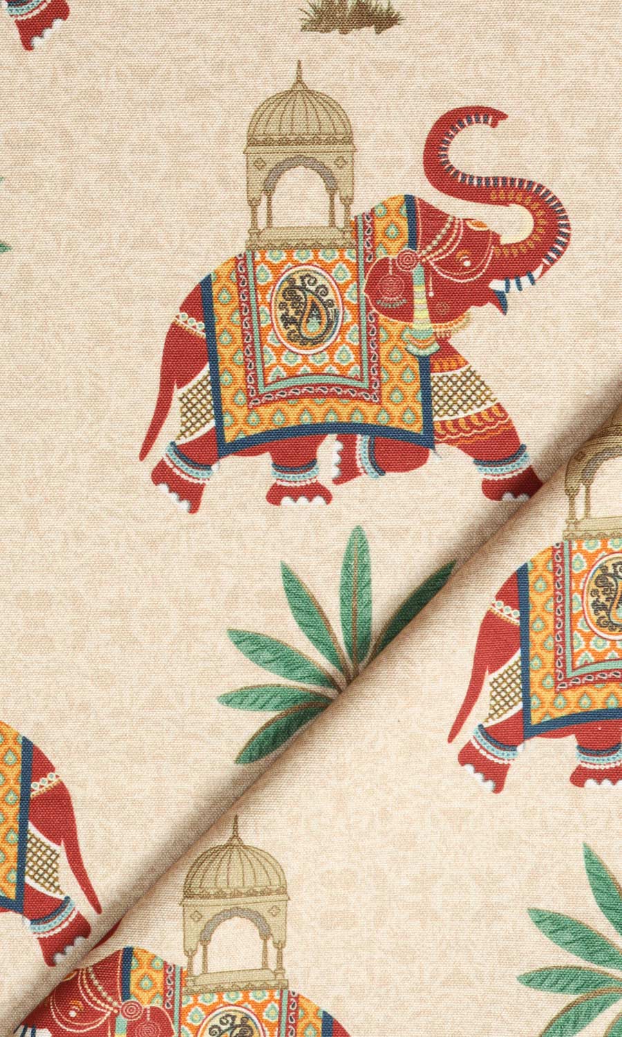Elephant Print Cotton Home Textile Fabric Material Sample (Ivory/ Red/ Green)