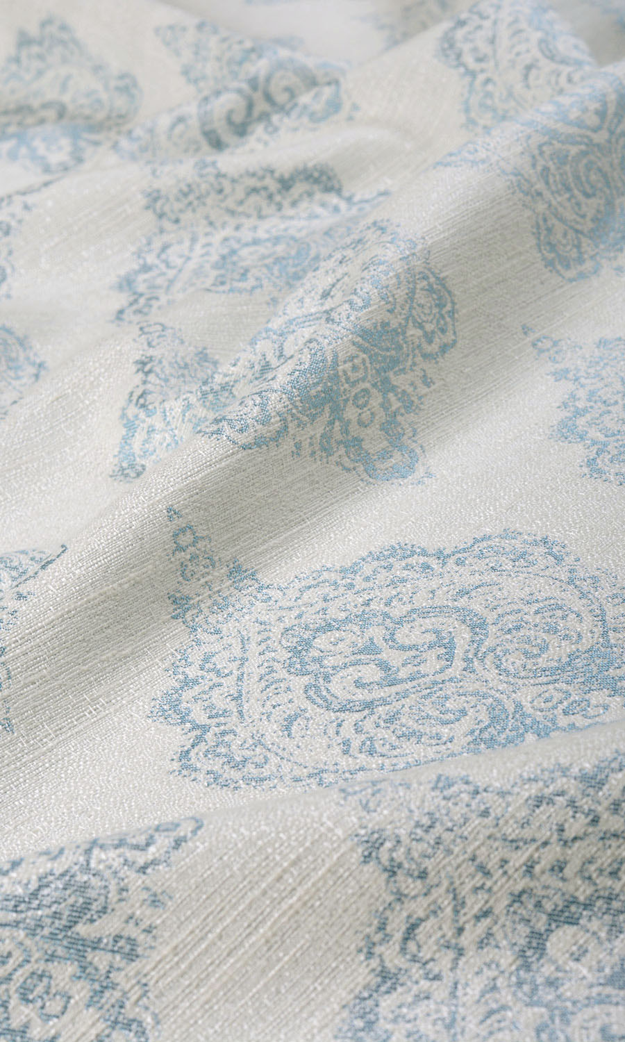 Damask Poly-Cotton Fabric By the Yard for Curtains & Drapes (White/ Blue)