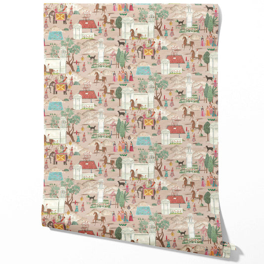 Ethnic/ Heritage/ Horses & Castles Print Traditional Wallpaper (Pink/ Green/ Red/ Blue)