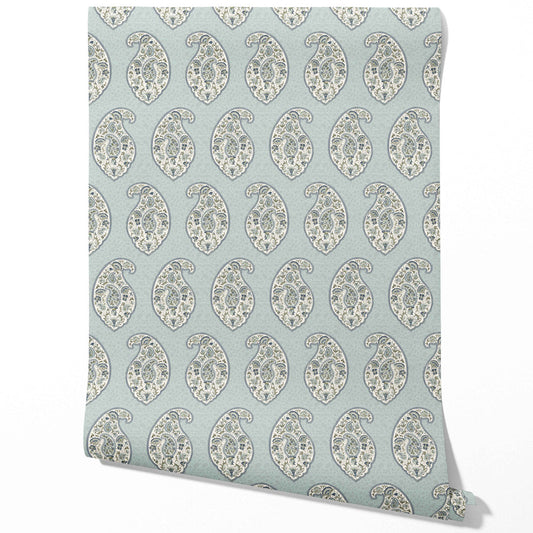 Paisley Floral Print Traditional Wallpaper (Blue/ Green/ Gray)