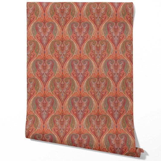 Paisley Floral/ Damask Patterned Traditional Wallpaper (Red/ Orange/ Green/ Yellow)