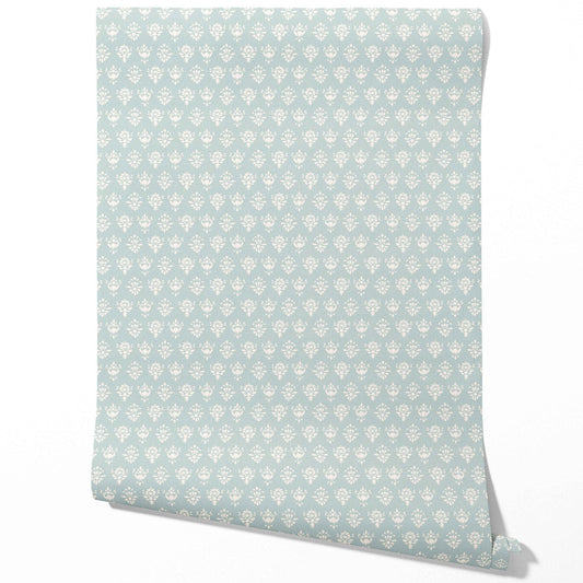 Floral Block Print Traditional Wallpaper (Duck Egg Blue/ Off-White)