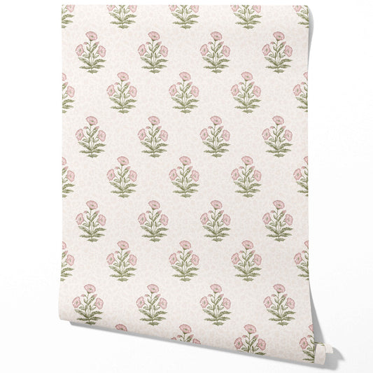 Floral Block Print Traditional Wallpaper (Pale Pink/ Green)