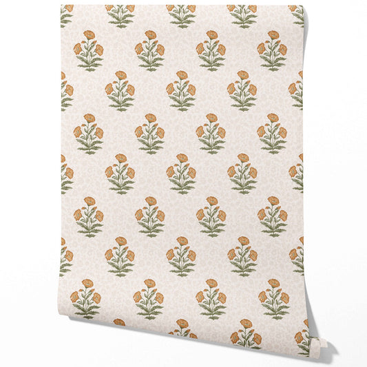 Floral Block Print Traditional Wallpaper (Ochre Yellow/ Green)