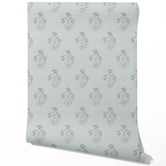 Floral Block Print Traditional Wallpaper (Shell Blue/ Gray)