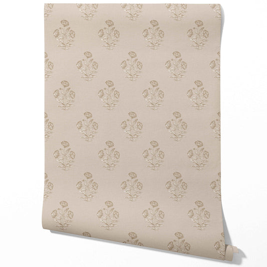 Neutral Floral Block Print Traditional Wallpaper (Warm Beige/ Greige/ Brown)