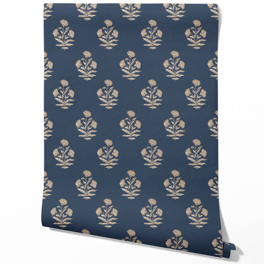 Floral Block Print Traditional Wallpaper (Navy Blue/ Beige)